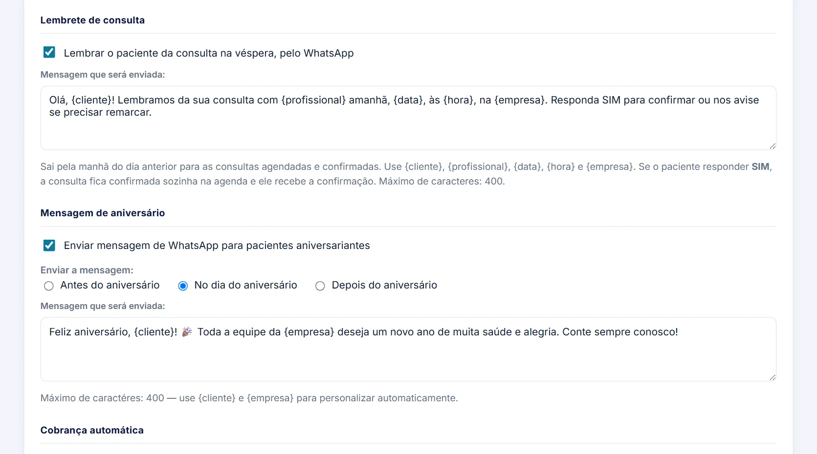 Configuração do lembrete de consulta na véspera pelo WhatsApp, com o texto da mensagem
