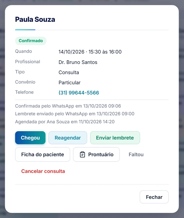 Janela da consulta confirmada pelo WhatsApp, com o lembrete enviado na véspera