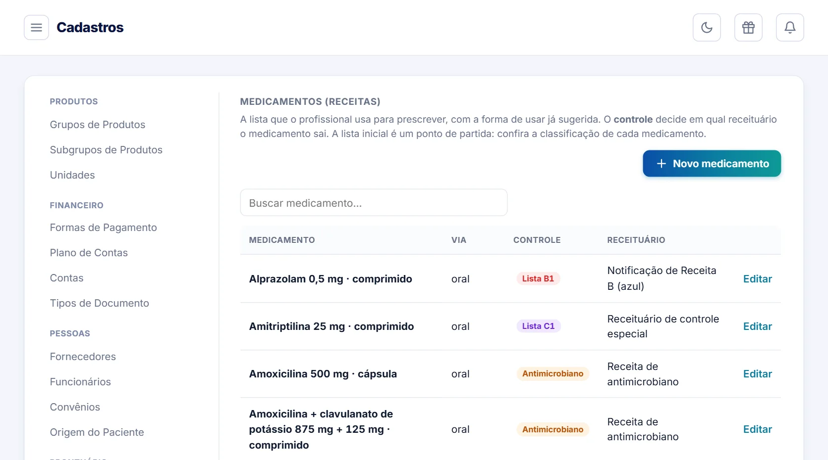 Lista de medicamentos da clínica com o tipo de controle e o receituário de cada um
