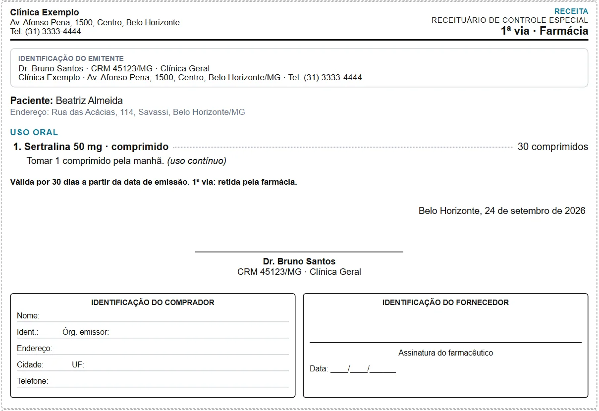 Receituário de controle especial em PDF, 1ª via da farmácia, com a identificação do emitente, do comprador e do fornecedor