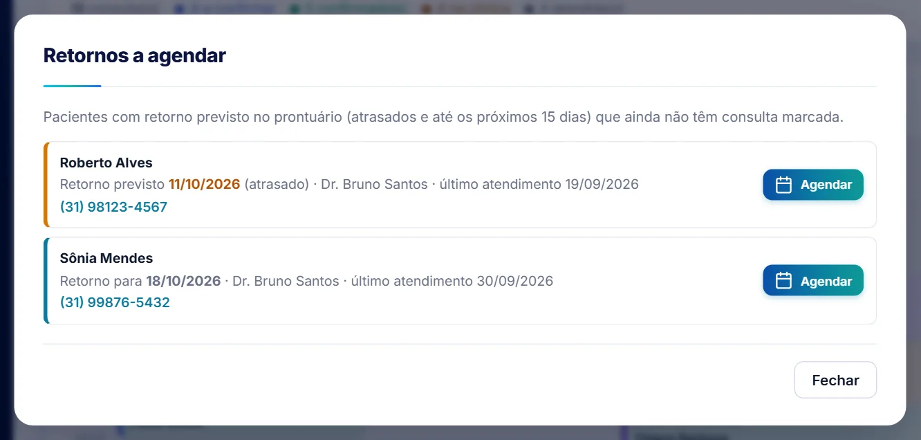 Lista de retornos a agendar, com o retorno previsto e o telefone de cada paciente