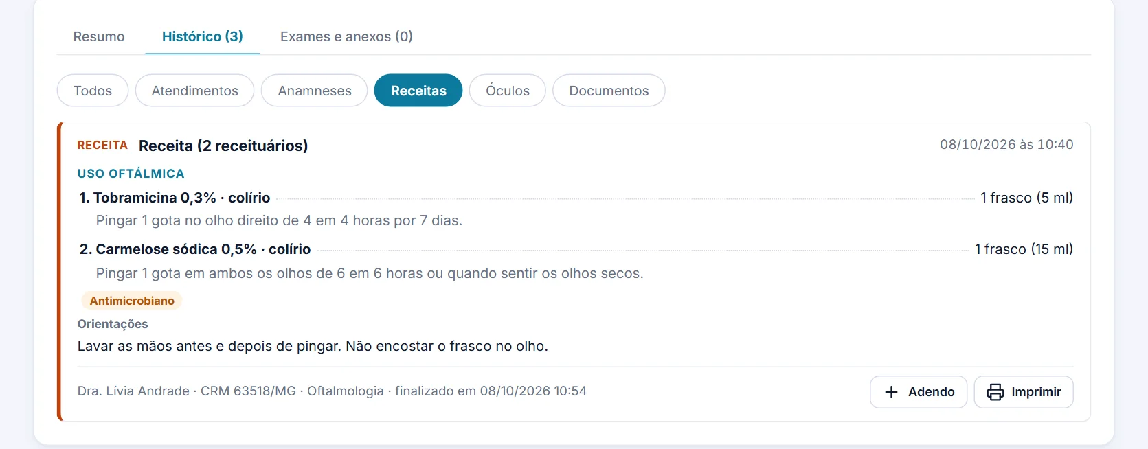 Receita com colírio de tobramicina no olho direito e lubrificante em ambos os olhos, marcada como antimicrobiano