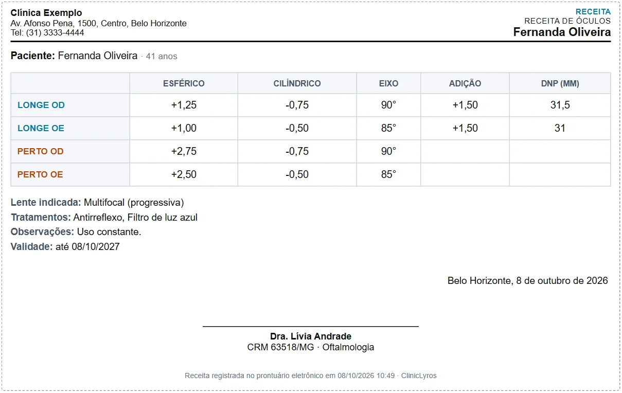 Receita de óculos impressa, com a grade de grau, a lente indicada, a validade e a assinatura da oftalmologista